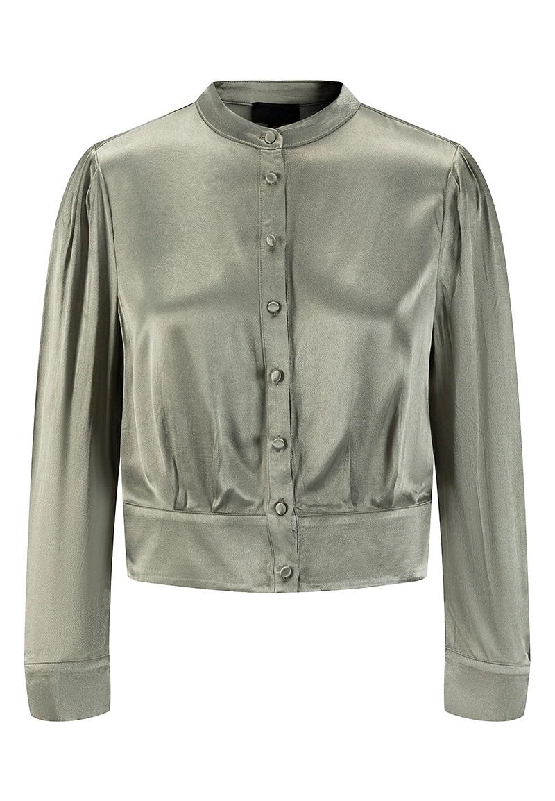 Women Sage Satin Puff-Sleeve Cropped Button-Front Blouses Vepeen Apparel 1