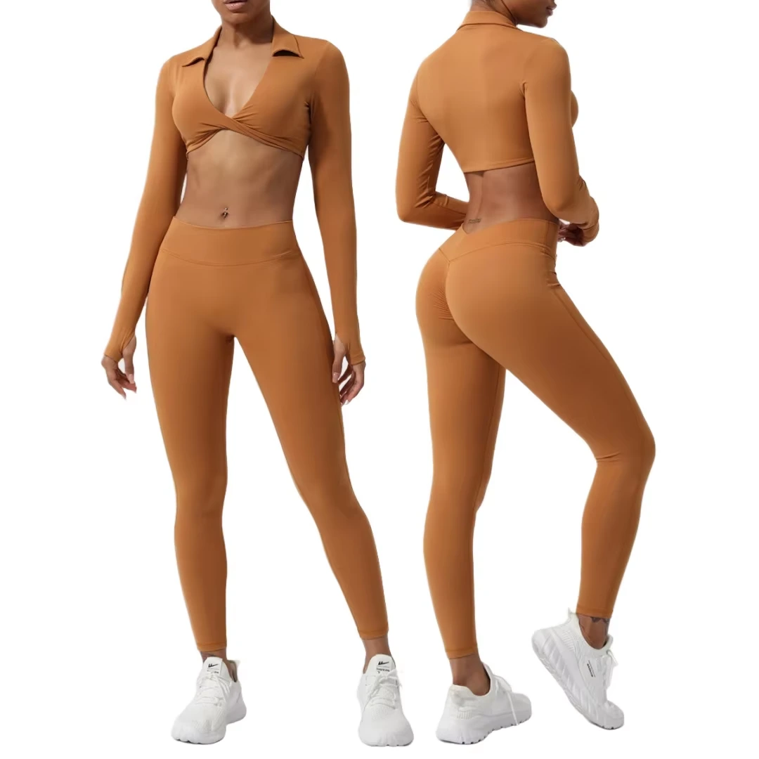 YWDC-9982 Women's Gym Fitness Yoga Wear Solid Long Sleeves Lapel Front Twist Crop Top Elastic Waist Active Stretch High Waist Leggings 1