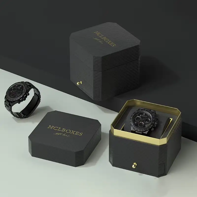 علبة ساعات فاخرة مصنوعة حسب الطلب بجودة عالية، علبة تخزين ساعات سوداء أنيقة ثمانية الأضلاع من الجلد الصناعي. 1
