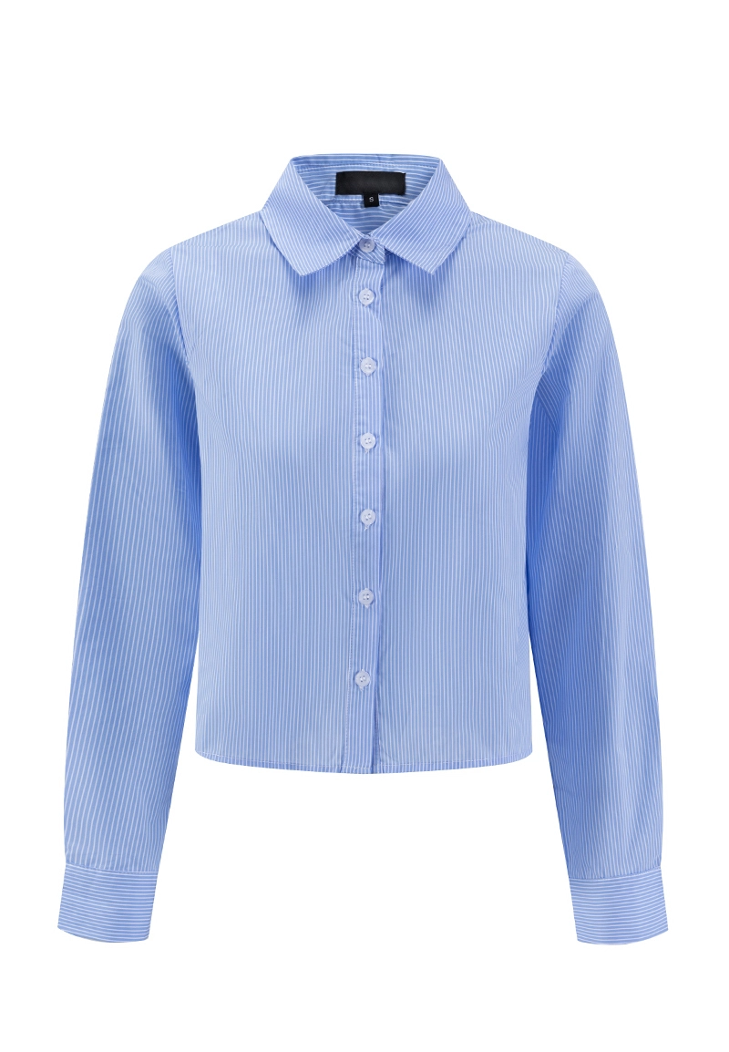 Light Blue Striped Long-Sleeve Cropped Button Shirt for Women Vepeen Apparel 1