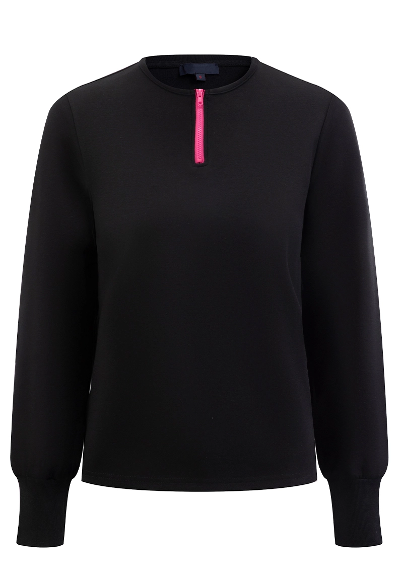 Women Black Half-Zip Pullover Tops with Hot Pink Zipper Details Vepeen Apparel 1