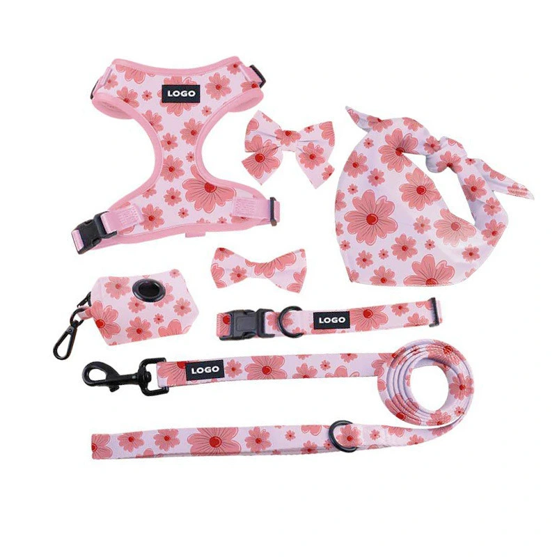 Pink Floral Dog 7-Piece Set – Harness, Collar, Leash, Poop Bag Holder, Bandana, Bows | Breathable Durable Fabric, Customizable Print/Buckles, Adjustable Snug Fit for Small/Medium Dogs 1