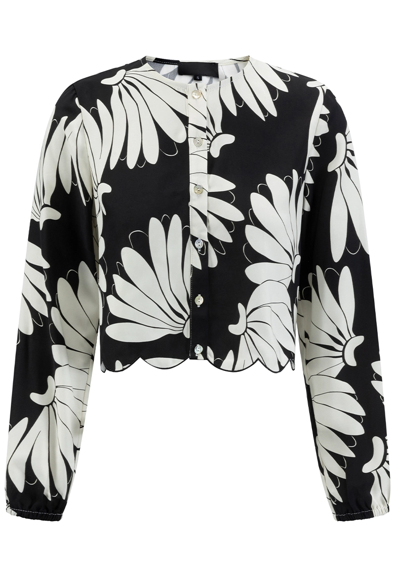 Black White Daisy-Print Round-Neck Button-Front Scalloped-Hem Cropped Long-Sleeve Blouse Vepeen Apparel 1