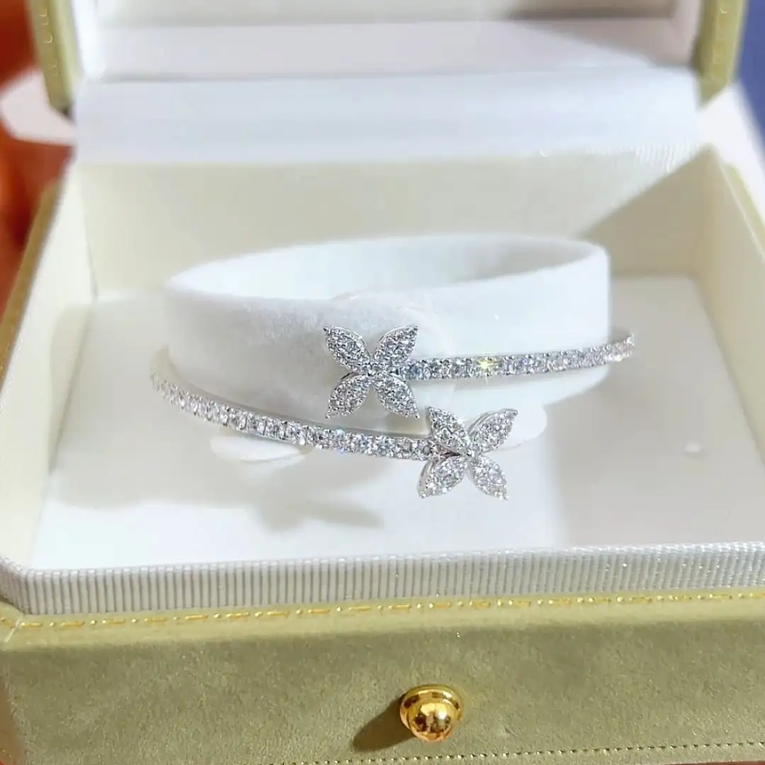 MSB-655 18K White Gold Butterfly Flower Open Bangle with Lab Grown Diamonds - Ready to Ship 1