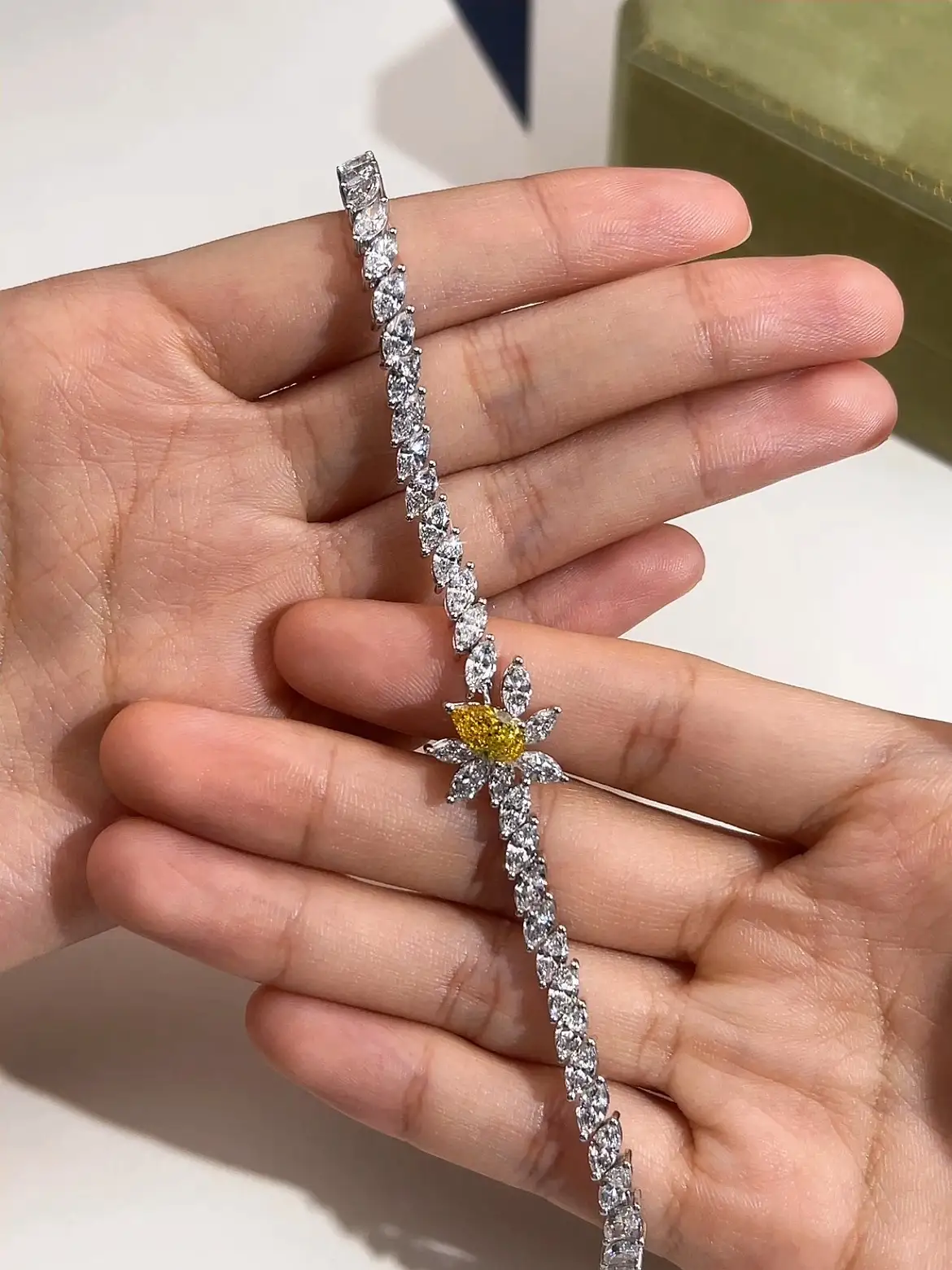 MSB-656 Fancy Intense Yellow Diamond Flower Bracelet 18K White Gold Lab Diamonds In Stock 1