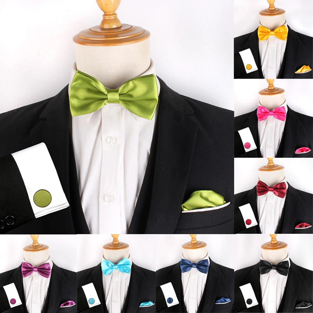 Solid Polyester Bow Tie Pocket Square Cufflink Set - Double Layer Formal Accessories 1
