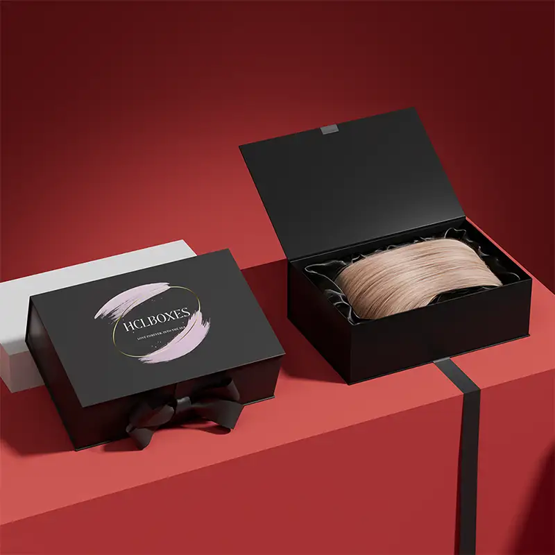 علب وصلات شعر قابلة لإعادة التدوير بشعار مخصص، مطبوعة بأربعة ألوان بتقنية الأشعة فوق البنفسجية، تغليف مغناطيسي، علبة شعر مستعار منسوج، بطانة إسفنجية منقوشة، شريط 1