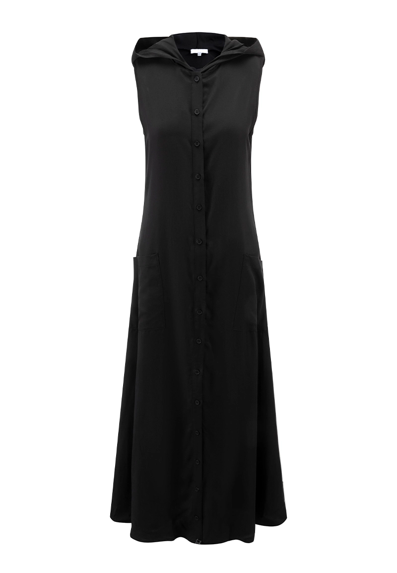 Black Hooded Sleeveless Button-Front Maxi Dress Vepeen Apparel 1