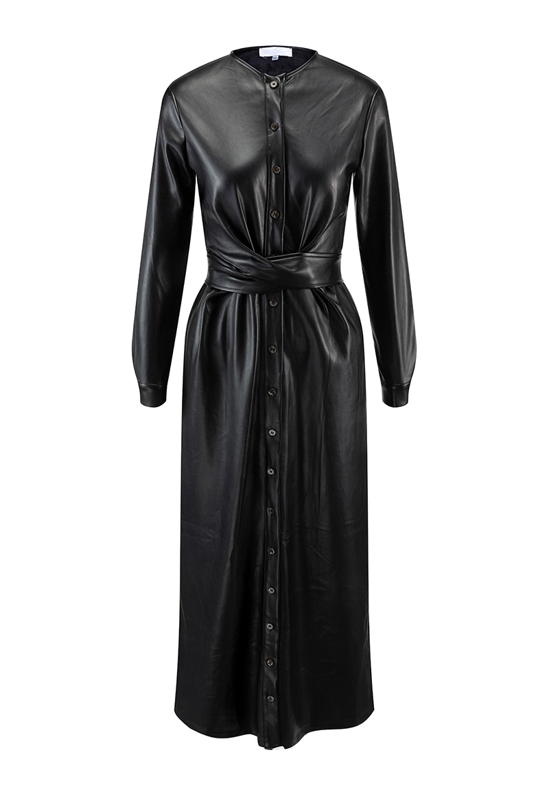 Black Faux Leather Tie-Waist Button-Front Maxi Shirt Dress Vepeen Apparel 1
