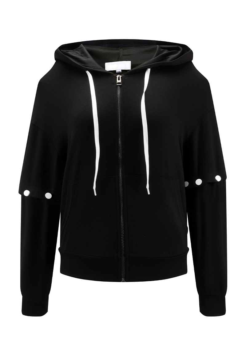 Black White Contrast Drawstring Convertible-Sleeve Zip-Up Hoodie  Vepeen Apparel 1