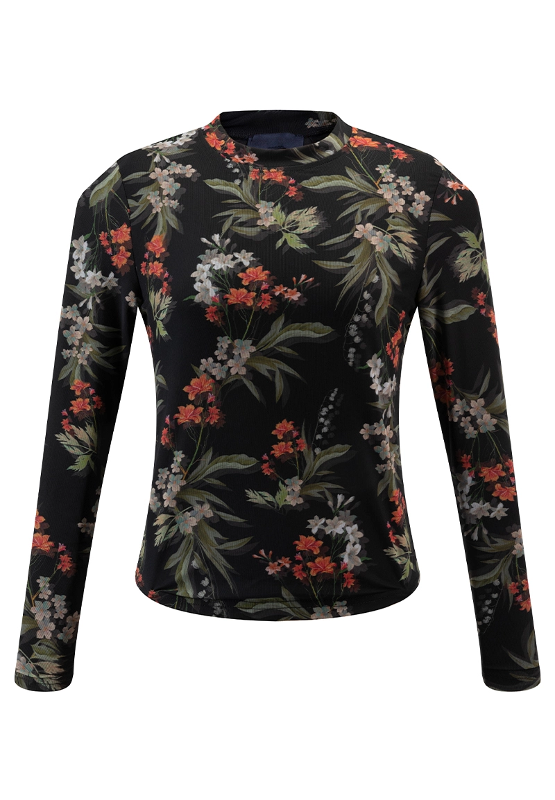 Women's Black Floral Print Mesh Long-Sleeve Crew Neck Tops Vepeen Apparel 1