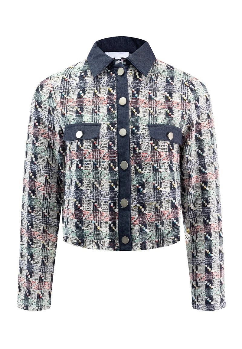 Women Tweed Cropped Jacket with Denim Collar and Trim Vepeen Apparel 1