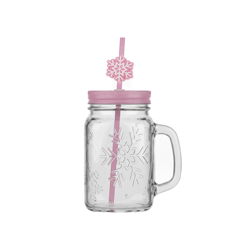 مرطبان زجاجي ماسون سعة 480 مل مزين بزهرة الثلج مع غطاء وردي 1