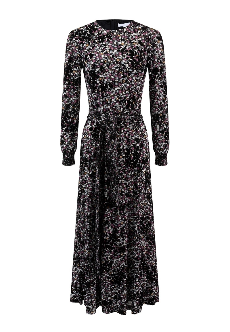 Women's Black Ditsy Floral Puff Sleeve Velvet Mesh Long Dress with Tie Waist Vepeen Apparel 1