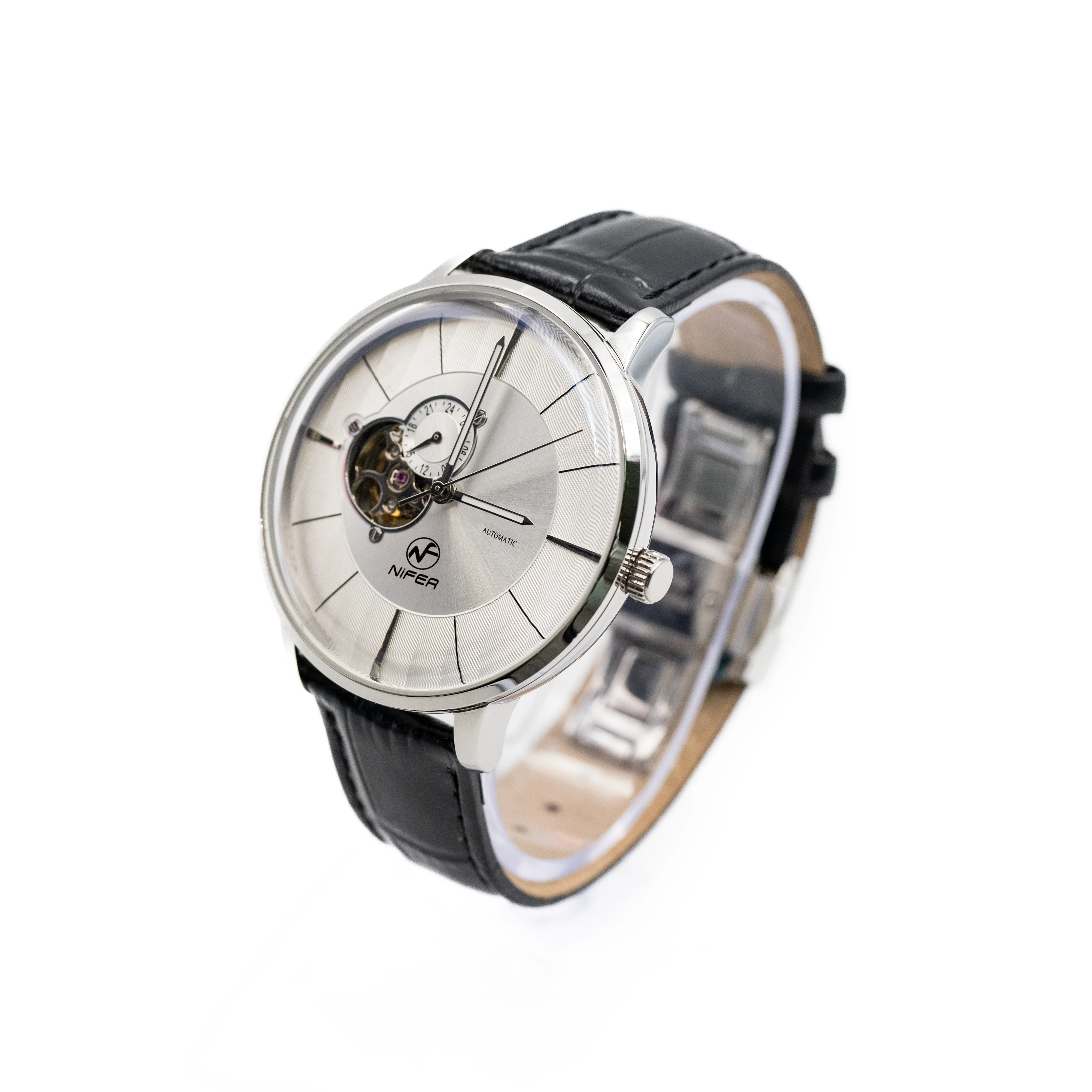 นาฬิกาข้อมือผู้ชายระบบกลไก ดีไซน์เรียบง่ายและหรูหรา พร้อมสายหนังสไตล์ธุรกิจ 1