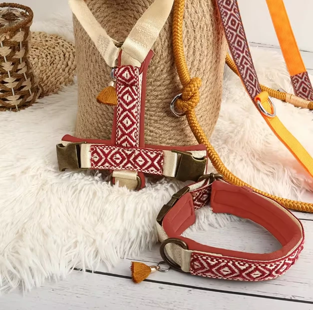 Bohemian Style No-Pull Dog Harness, Leash & Collar Set - Adjustable Breathable Padded Vest with Quick Release Buckle for Small, Medium, Large Dogs - Comfortable Anti-Pull Walking Set 1