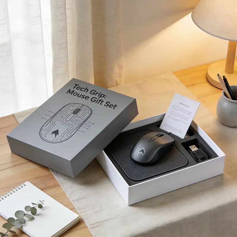 علبة هدايا قابلة لإعادة التدوير مصنوعة من ورق مقوى رمادي صلب، قابلة للتخصيص، للفأرة ولوحة المفاتيح، مع شعار/تصميم رسومي مخصص وتغليف غير لامع. 1
