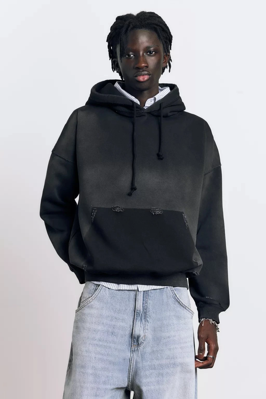 450GSM Washed-Effect Heavyweight Hoodie, Black 1