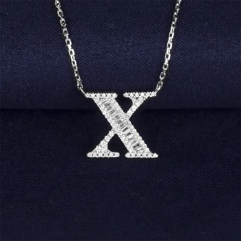 MSN-157 18K White Gold Letter X Lab Diamond Necklace Baguette Diamonds Ready to Ship 1