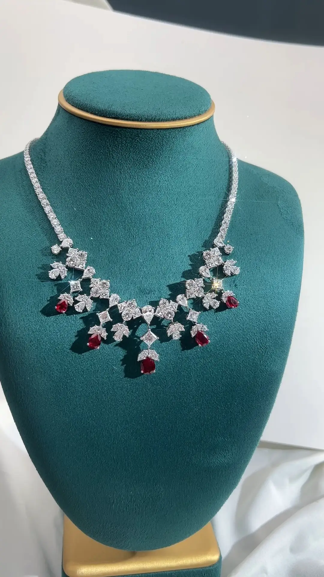 MSN-748 18K White Gold Ruby Diamond Statement Necklace Lab Grown Gems - In Stock 1