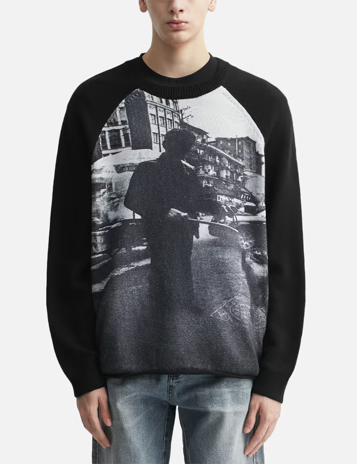 450GSM Vintage Photo Print Raglan Heavyweight Sweater, Black 1