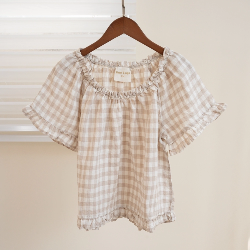 Custom Size Ruffle Edge Short Wide Sleeve Casual Top Stonewashed Soft Linen Women Shirt 1