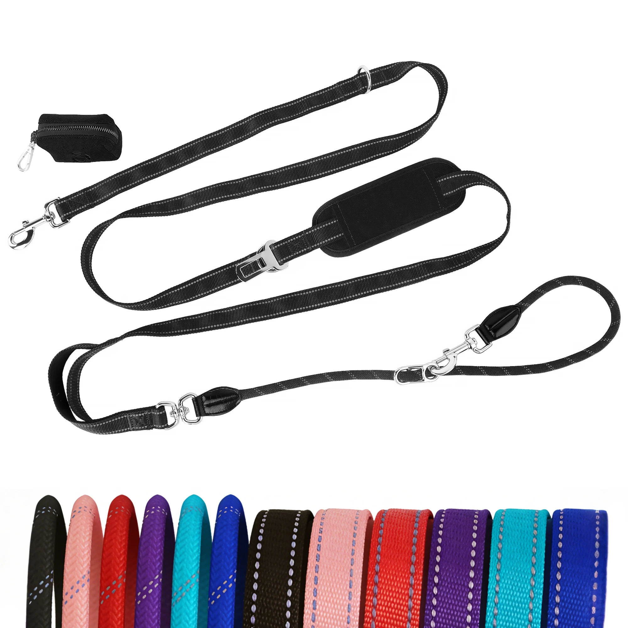 Laisse mains libres de 3 m pour chiens de petite, moyenne et grande taille, robuste et réfléchissante, avec poignée de sécurité, boucle de ceinture de sécurité et porte-sacs à déjections canines. 1