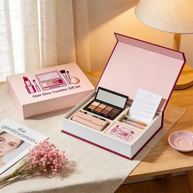 علبة هدايا تجميلية صلبة مصممة خصيصًا مع مجموعة ظلال عيون، تتميز بتغليف غير لامع ونقوش بارزة في عبوة ملونة. 1