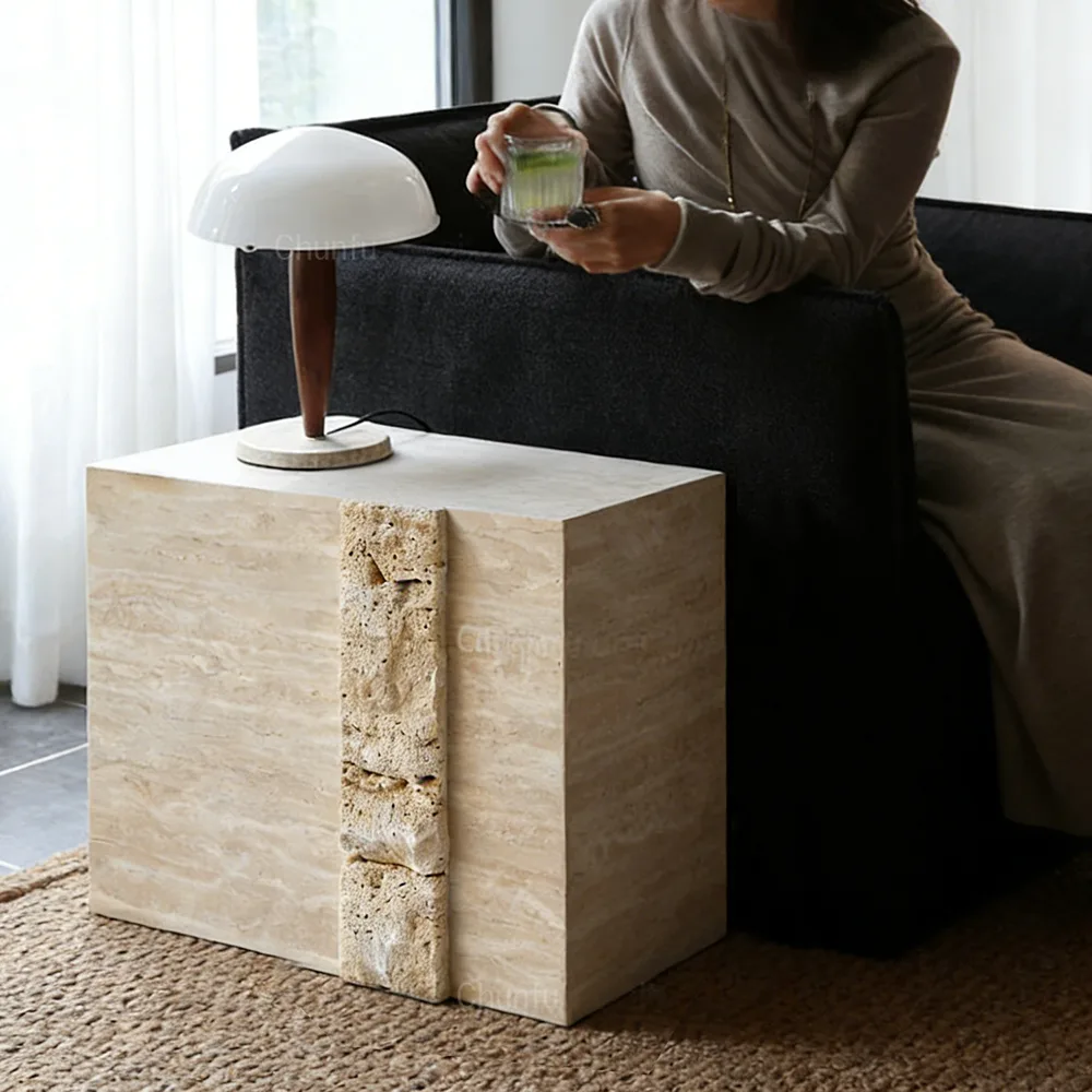 Travertine Side Table   Dual-Texture Accent table  Minimalist End Table 1