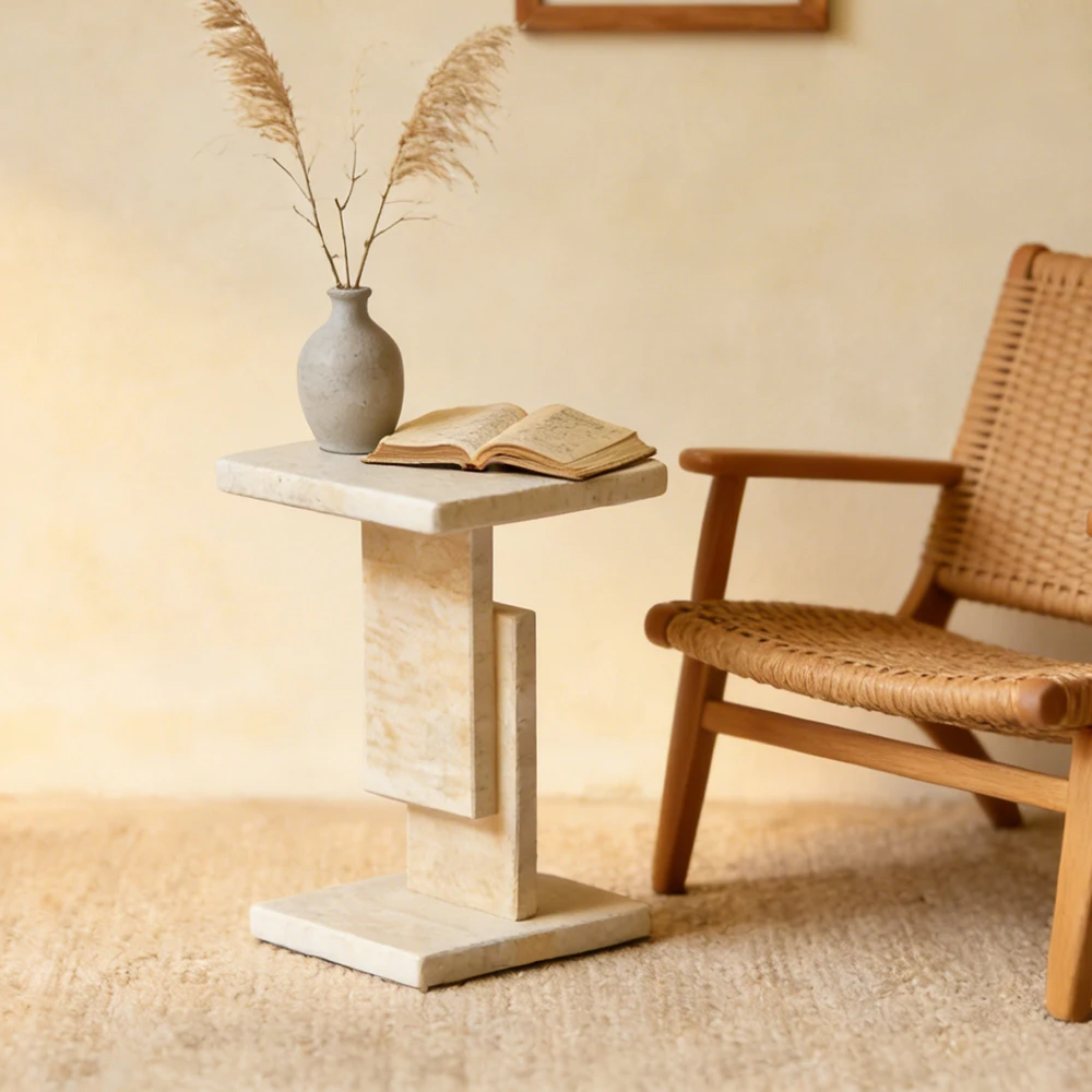 Travertine Geometric Side Table  Modern Accent Table Sculptural Stone End Table 1