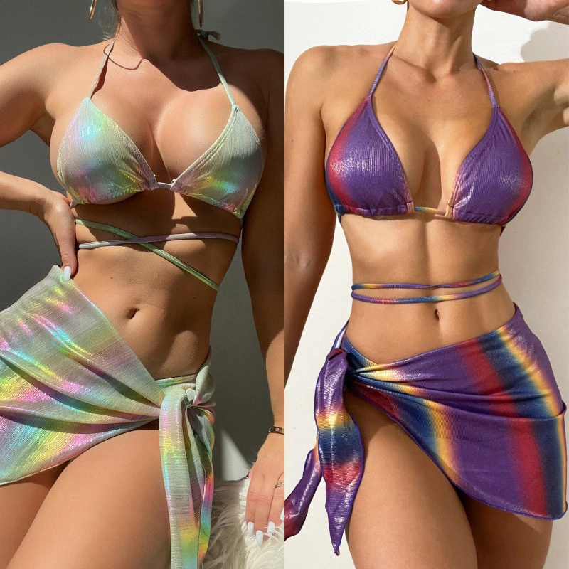 X13 Luxe Shimmer-String Halter Bikini Set Adjustable Strapless Top & High-Cut Brazilian Thong with All-Over Metallic Print 1