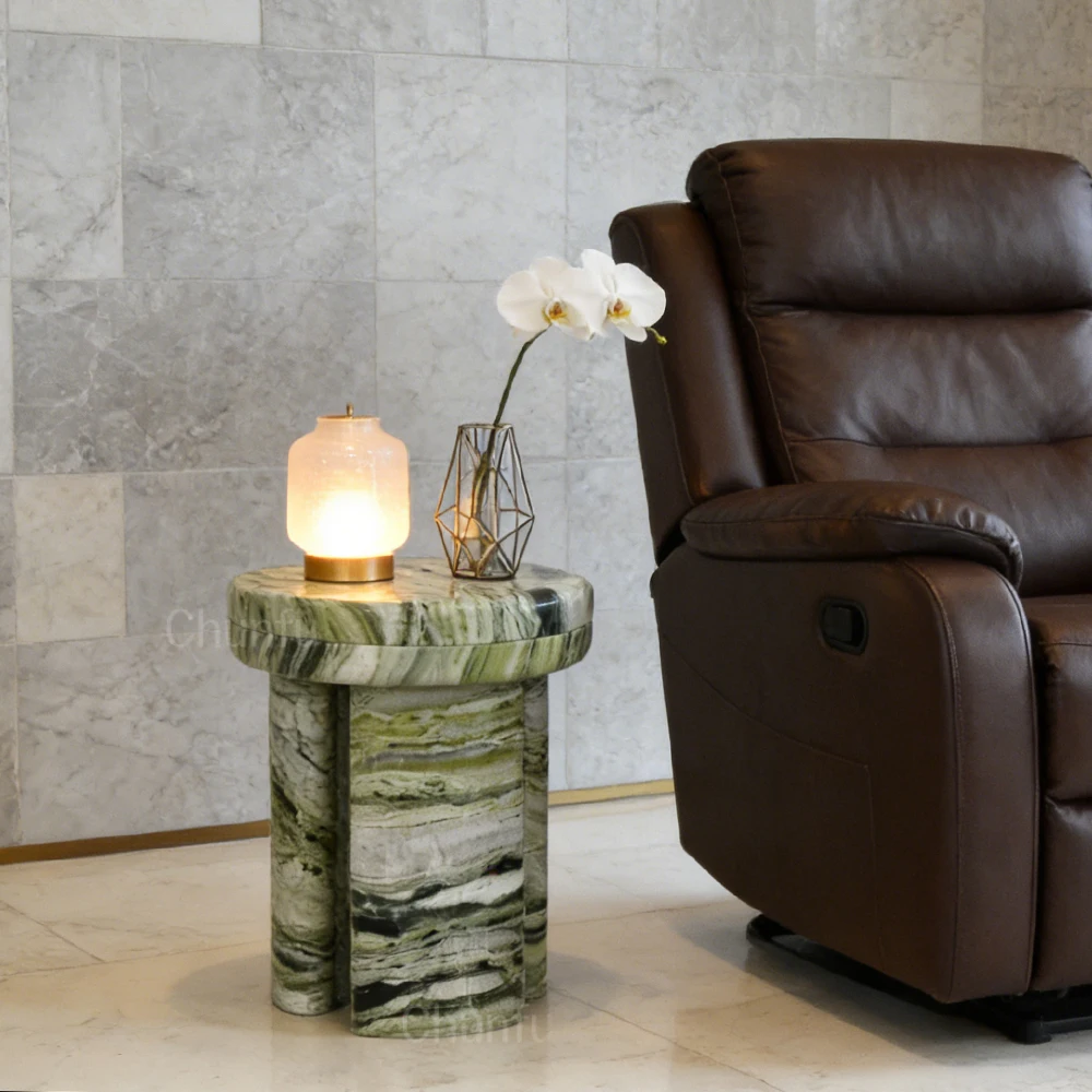 Marble Side Table Green-White Veined Round Accent Table for livingroom 1