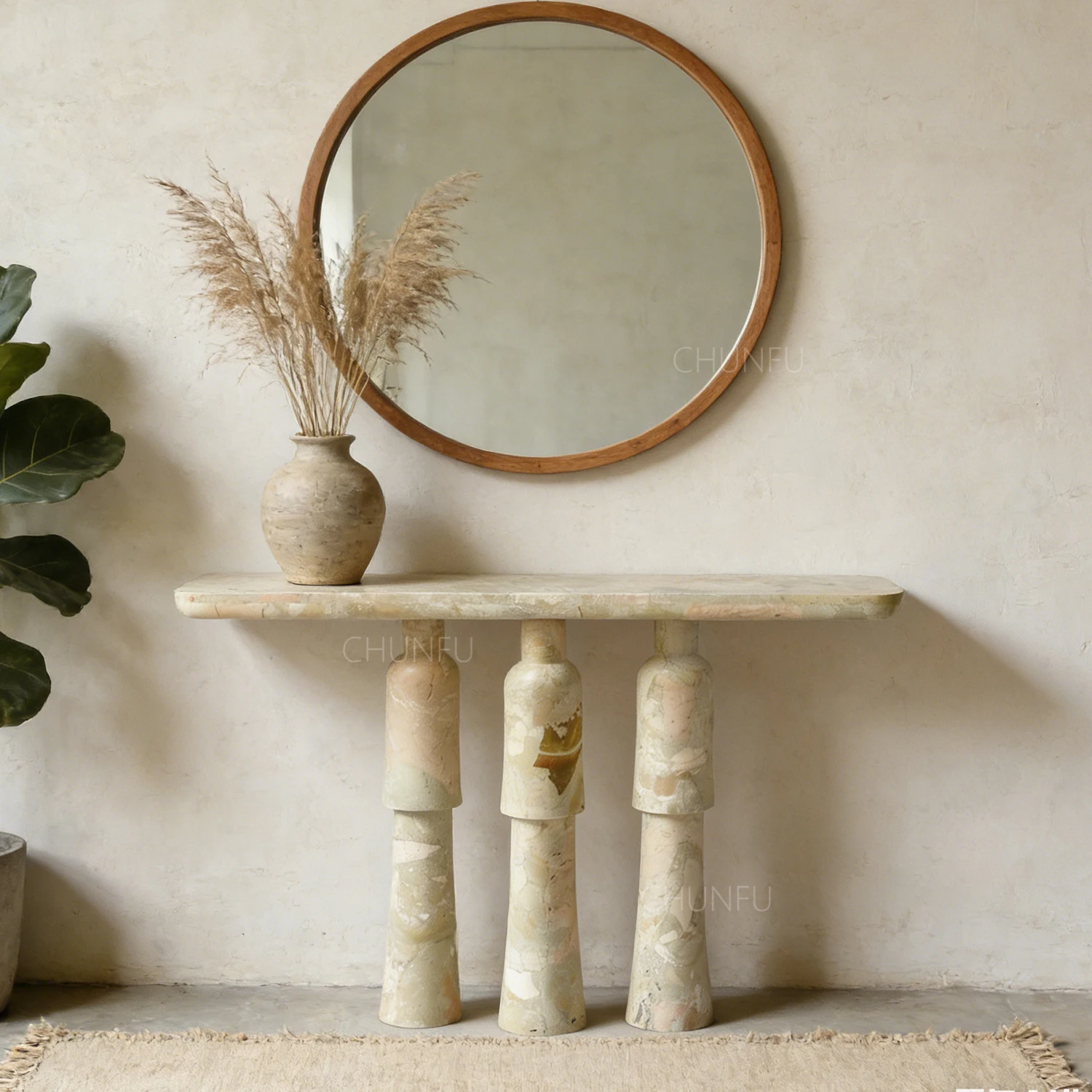 Organic Beige Marble Entry Table  Sculptural Base Accent Console Table 1