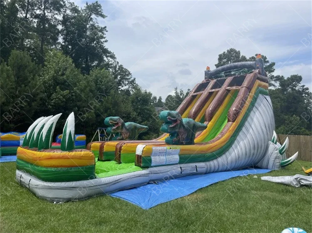 Tobogán acuático inflable grande de dinosaurio T-Rex de 5,5 m de alto con piscina. 1