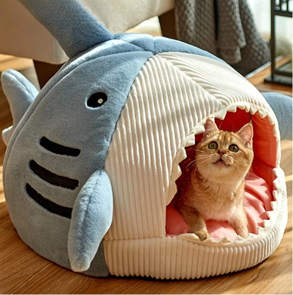ROADREIGN - Shark for cat Cave Bed | Non-Slip Base & Removable Washable Pad - Soft Polyester Indoor Pet Bed for Cats & Small Dogs, All-Season Cozy Shark Design with Shark Mouth, Durable Pet Bed 1
