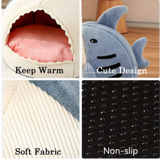 Roadreign SharkCave: Cama para mascotas con forma de tiburón, divertida y acogedora, para gatos y perros pequeños. 3