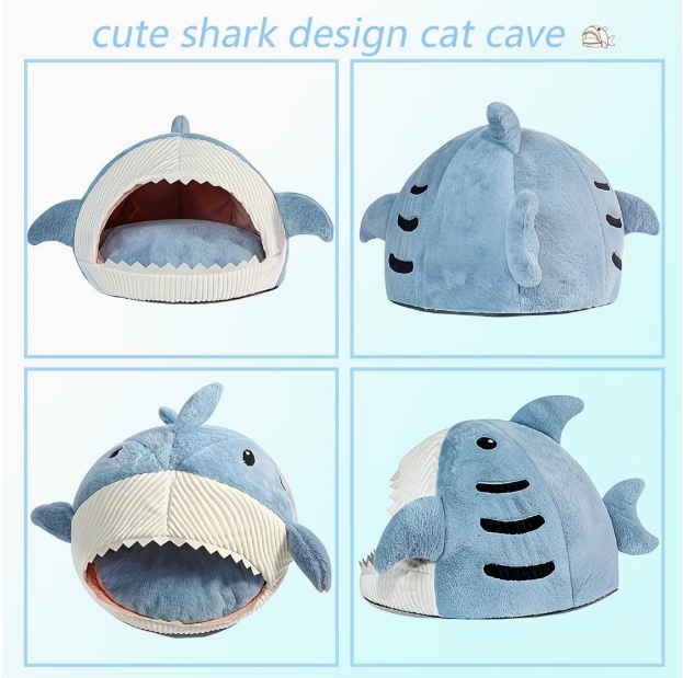 Roadreign SharkCave: Cama para mascotas con forma de tiburón, divertida y acogedora, para gatos y perros pequeños. 5
