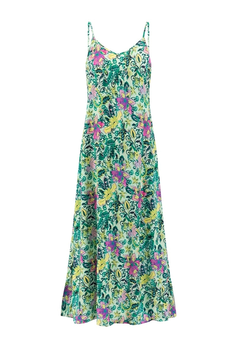 Green Base Floral Print Thin Strap Slip Midi Casual Dress Vepeen Apparel 1