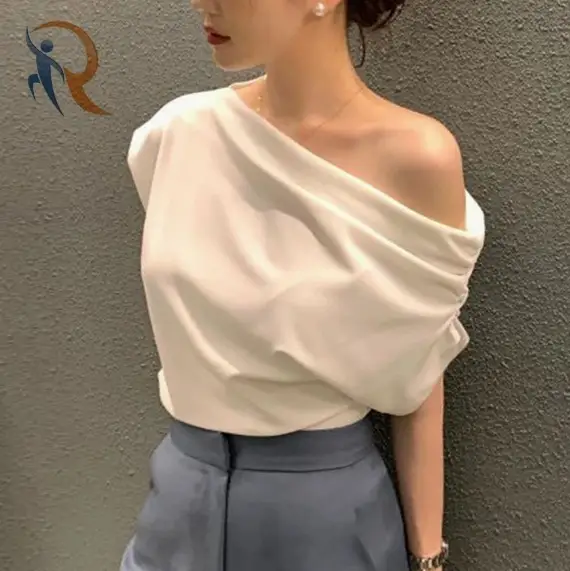 Summer new style unique irregular off-shoulder design loose solid color crewneck short-sleeve T-shirt 1