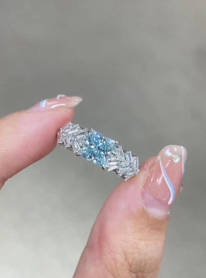 1.66 Ct Princess Cut Lab Grown Blue Diamond Ring in 18K White Gold Luxury Engagement Band 1