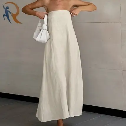 فستان نسائي من القطن والكتان بلون الكاكي، بتصميم مشدّ، مناسب للعطلات والاستجمام، بقصة واسعة من الأسفل. 1