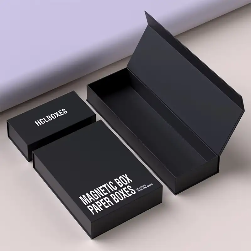 صندوق كتب فاخر أسود قابل لإعادة التدوير، قابل للطي مغناطيسيًا، بشعار مخصص، صندوق هدايا كبير الحجم من الورق المقوى، قابل للطي، مصنوع من الكرتون، مناسب للبريد والملابس. 1