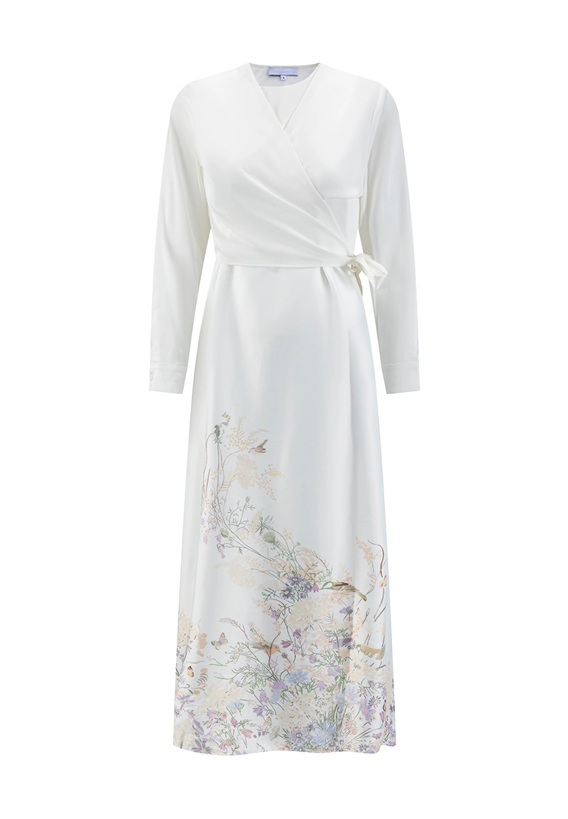 Ivory Wrap-Front V-Neck Waist-Tie Maxi Two-Piece Dress With Floral Hem Print Vepeen Apparel 1