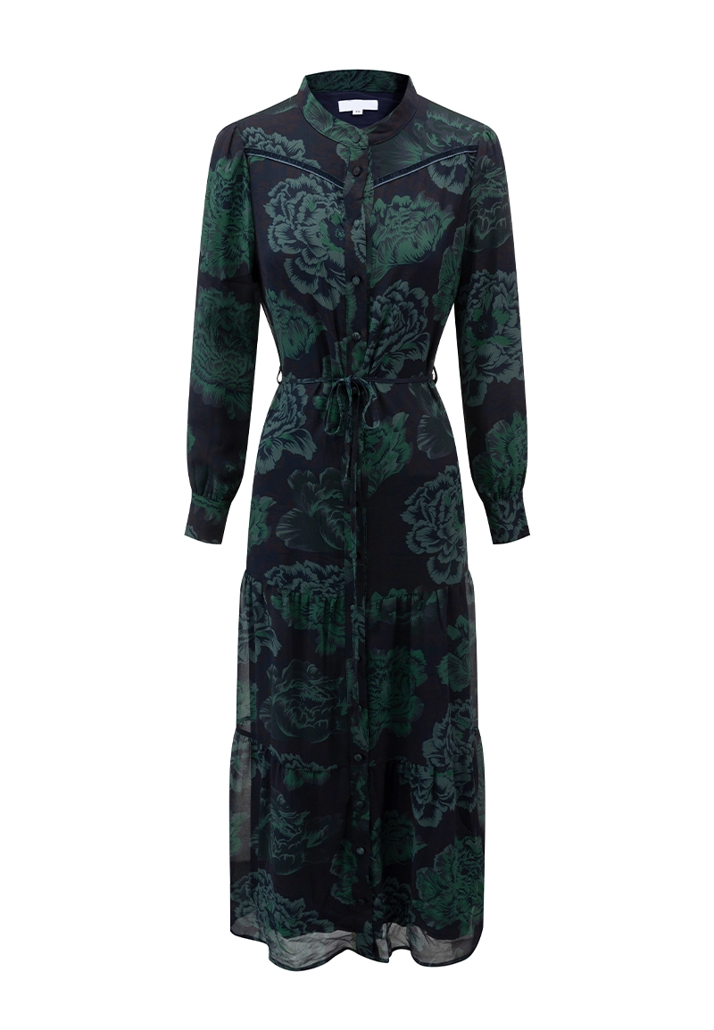 Oriental-Inspired Dark Floral Print Belted Chiffon Shirt  Dress Vepeen Apparel 1