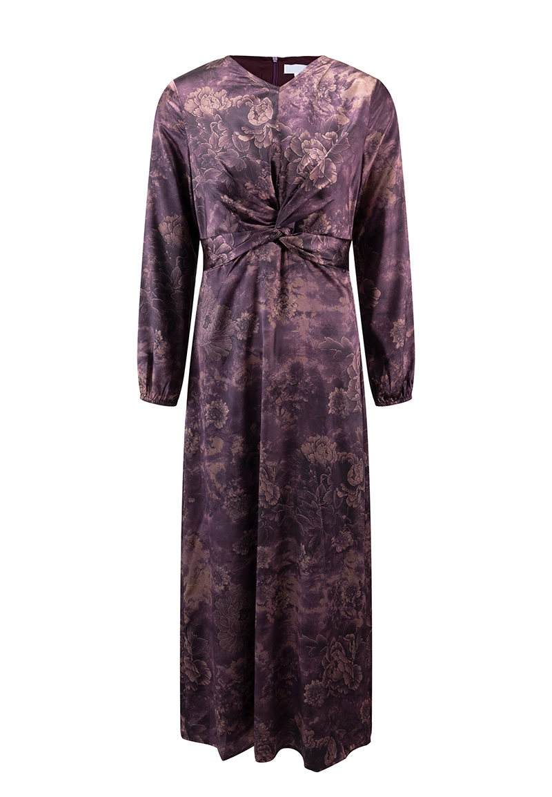 Vintage Satin-Feel Dark Floral Print Waist-Cinched Dress Vepeen Apparel 1