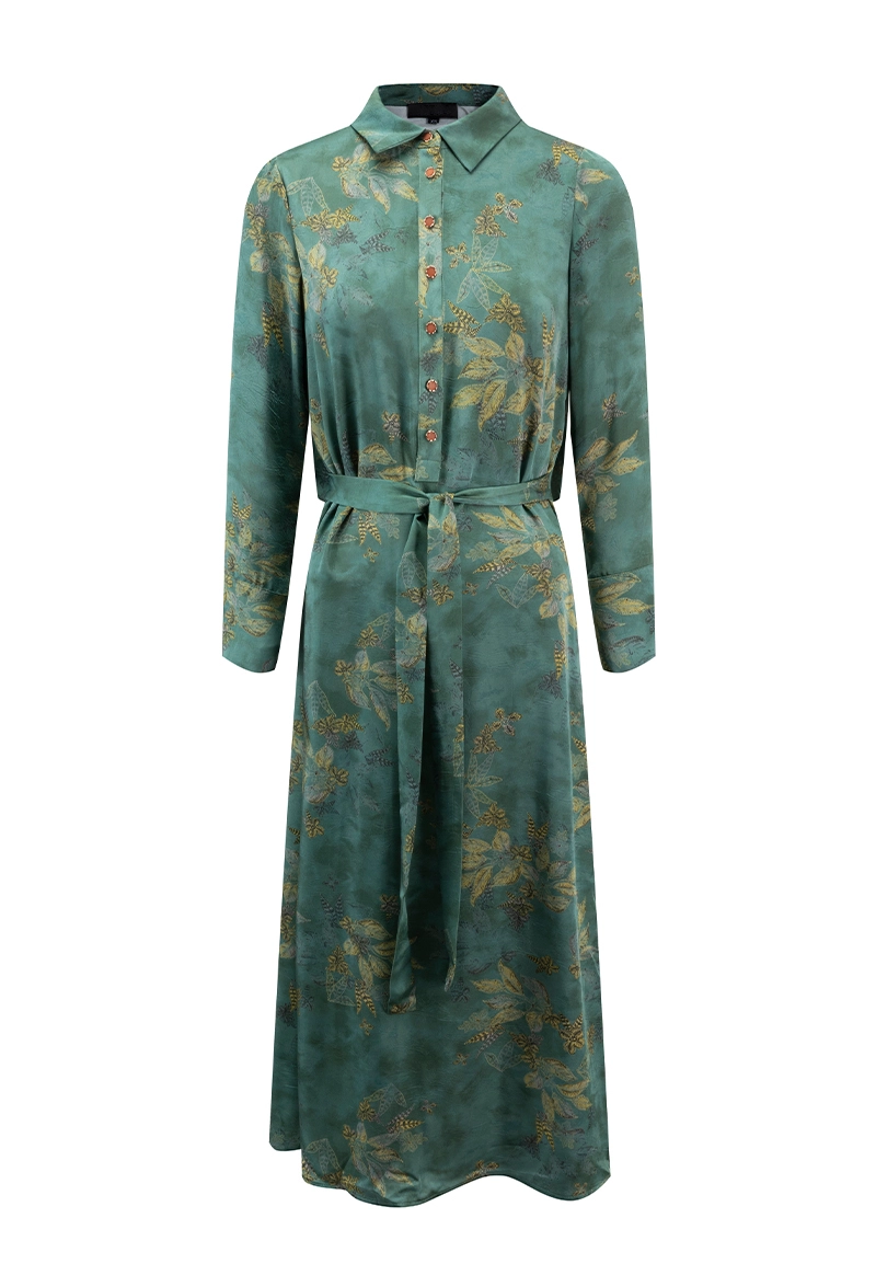 Vintage Satin-Feel Botanical Print Belted Shirt Dress Vepeen Apparel 1