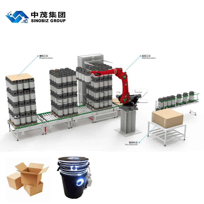 Space Bucket Palletizing and Wrapping Production Line 1