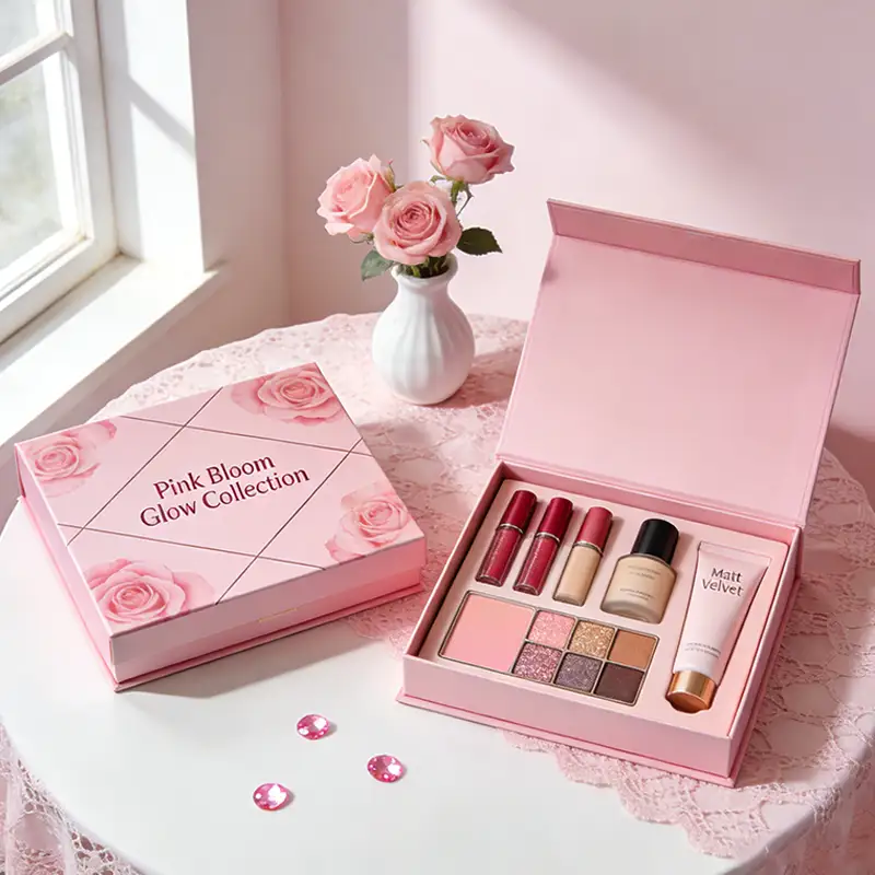 علب تغليف مستحضرات تجميل فاخرة مصنوعة حسب الطلب من ورق مقوى صلب قابل لإعادة التدوير، مثالية لمجموعات المكياج والهدايا، مع ختم ذهبي ساخن. 1