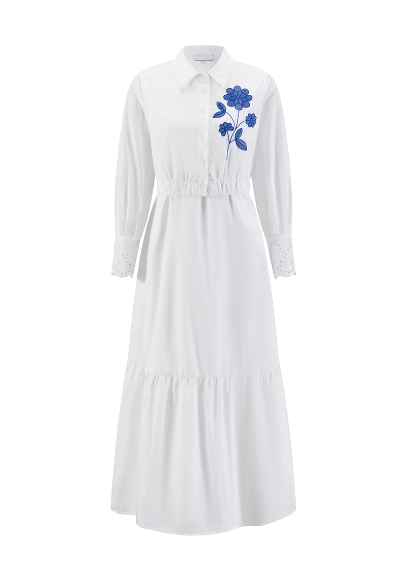 White Cotton Shirt Maxi Dress with Royal Blue Floral Embroidery Vepeen Apparel 1