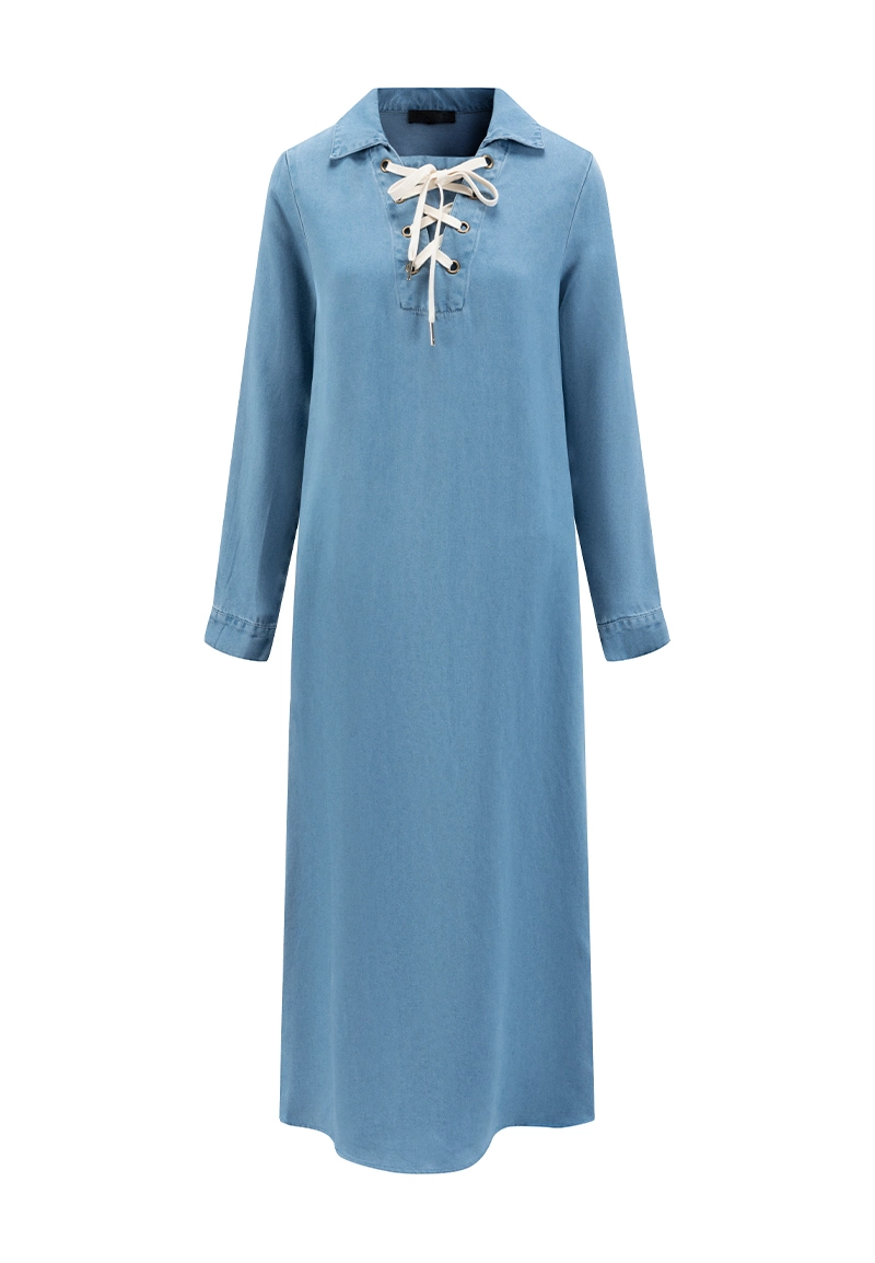 Light Blue Tencel Denim Collared Lace-Up Shirt Maxi Dress Vepeen Apparel 1